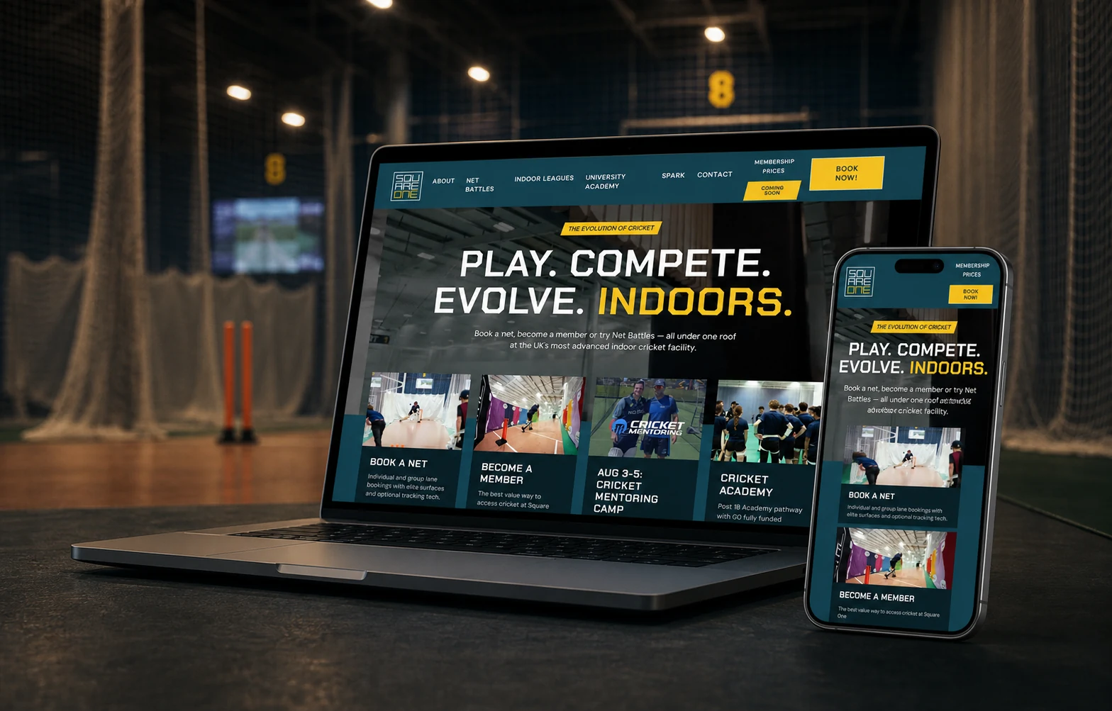 Square One Education website shown on a MacBook and iPhone inside an indoor cricket centre.